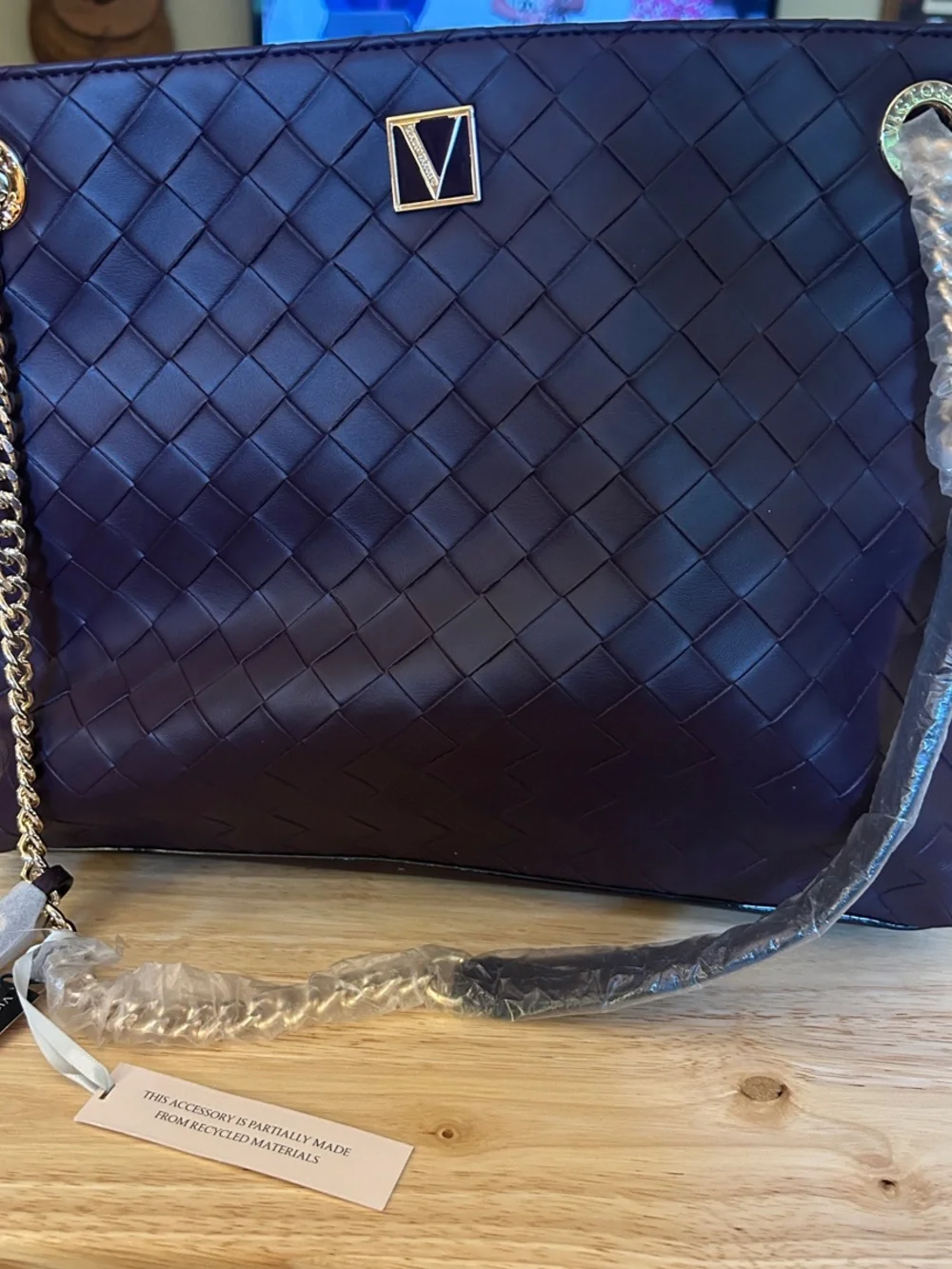 Victoria's Secret Quilted Tote in Deep Purple with Gold Chain